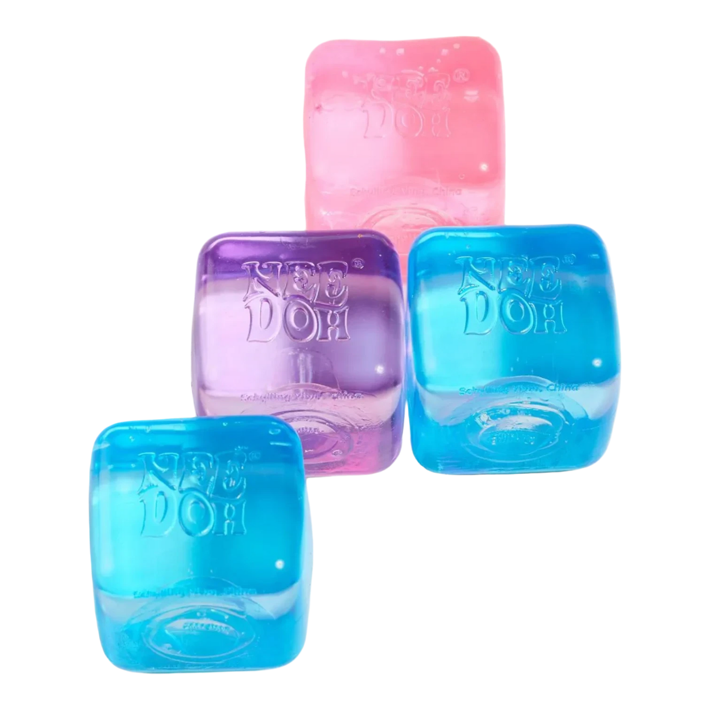 Squish Planet NeeDoh Nice Ice Baby set of 4 squishy fidget toys in pink, purple, and blue. Soft, slow-rising compound.