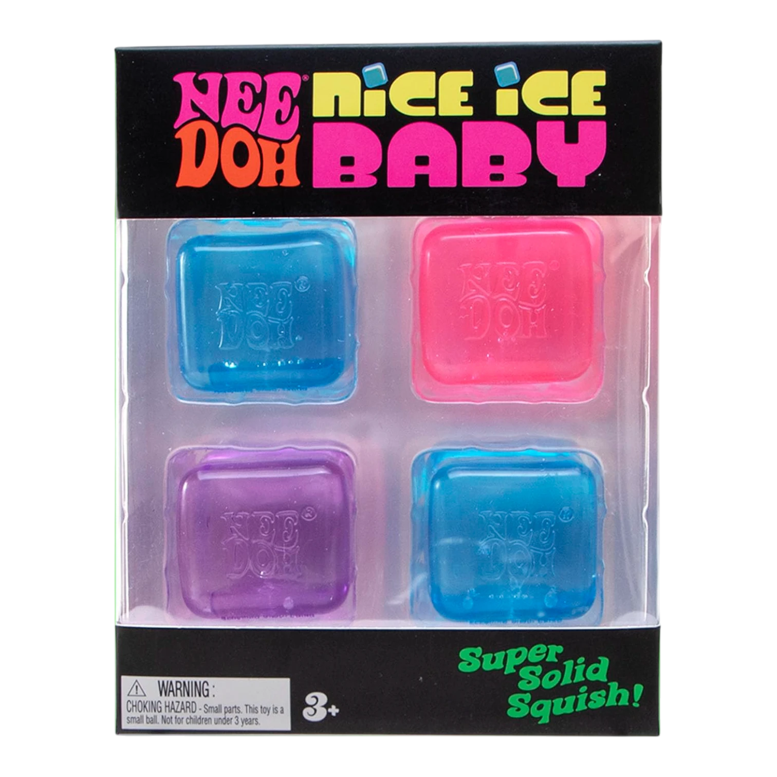 Squish Planet NeeDoh Nice Ice Baby set of 4 squishy fidget toys in blue, pink, and purple. Soft, slow-rising compound.