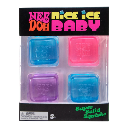 Squish Planet NeeDoh Nice Ice Baby set of 4 squishy fidget toys in blue, pink, and purple. Soft, slow-rising compound.