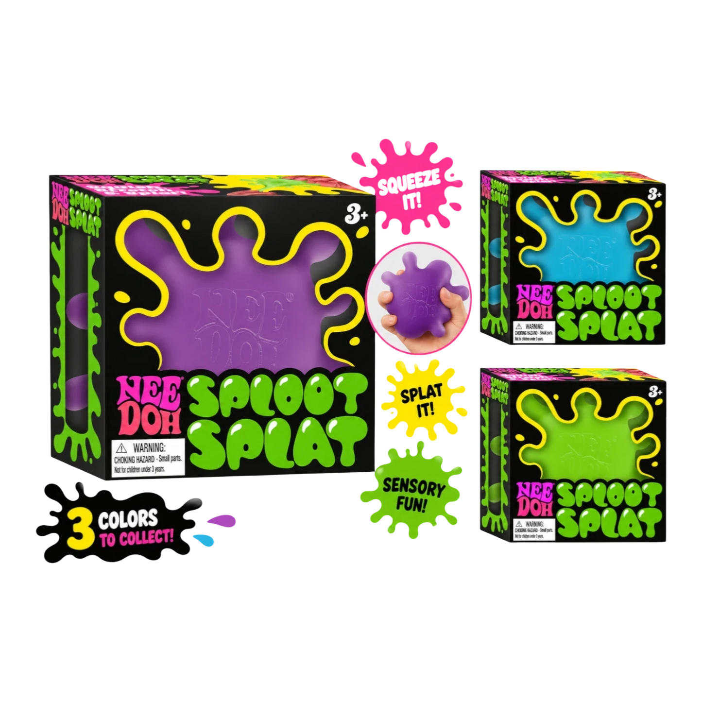 Squish Planet NeeDoh SplootSplat sensory fidget toy in purple, blue, and green. Squishy, stretchy, and slow-rising for stress relief.