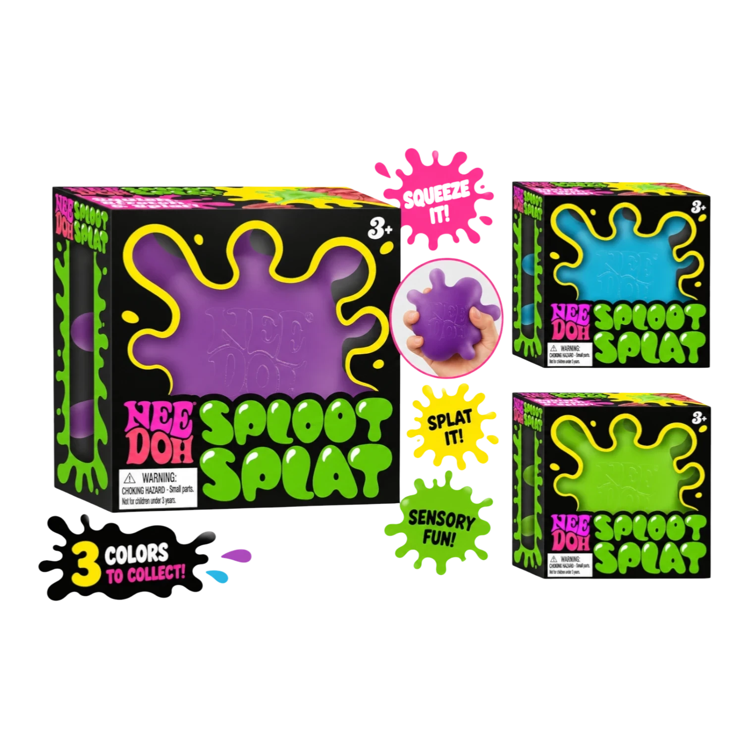 Squish Planet NeeDoh SplootSplat sensory fidget toy in purple, blue, and green. Squishy, stretchy, and slow-rising for stress relief.