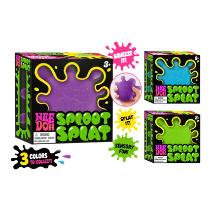 Squish Planet NeeDoh SplootSplat sensory fidget toy in purple, blue, and green. Squishy, stretchy, and slow-rising for stress relief.