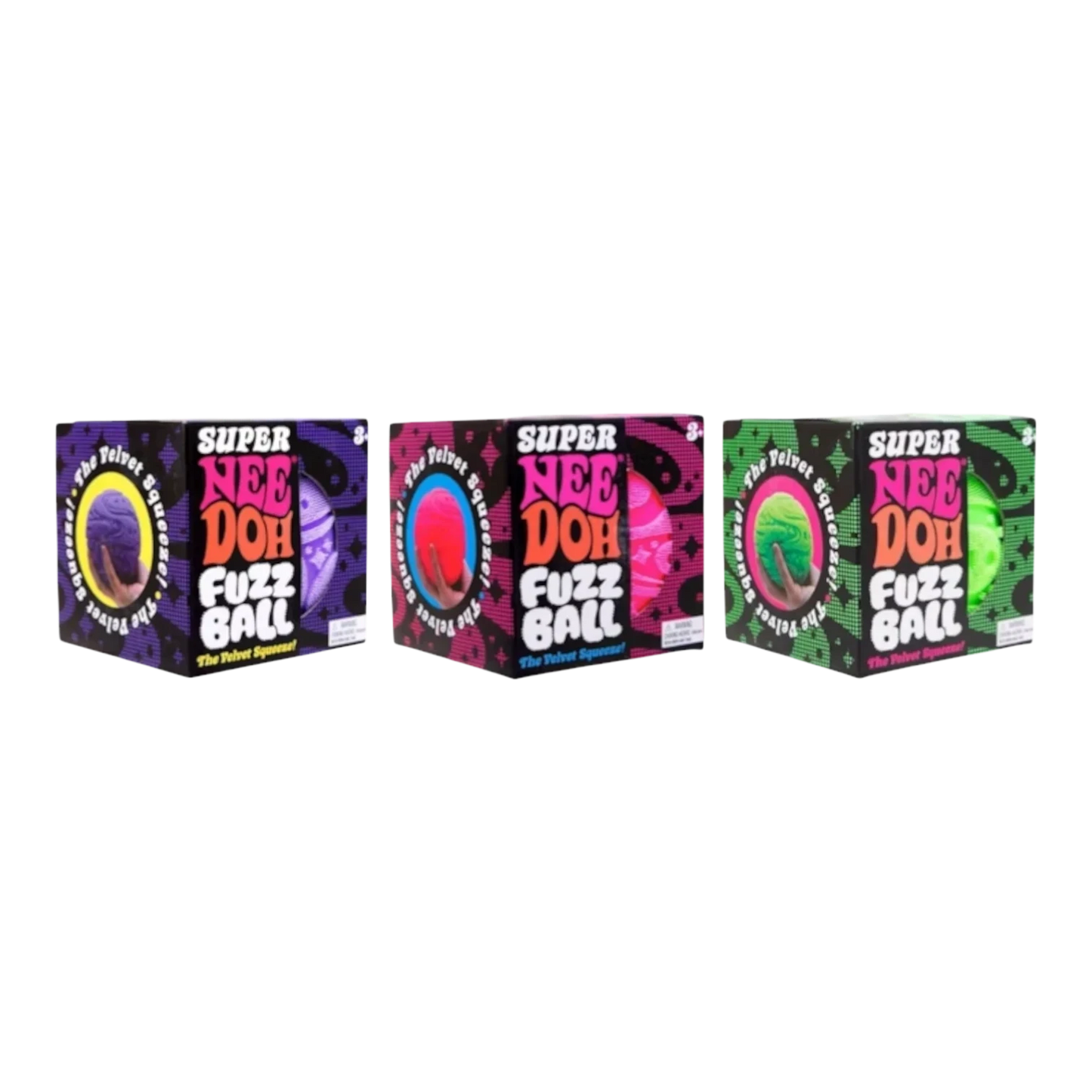 Squish Planet NeeDoh Super Fuzzball fidget toy in purple, pink, and green. Fuzzy exterior and squishy core for stress relief.