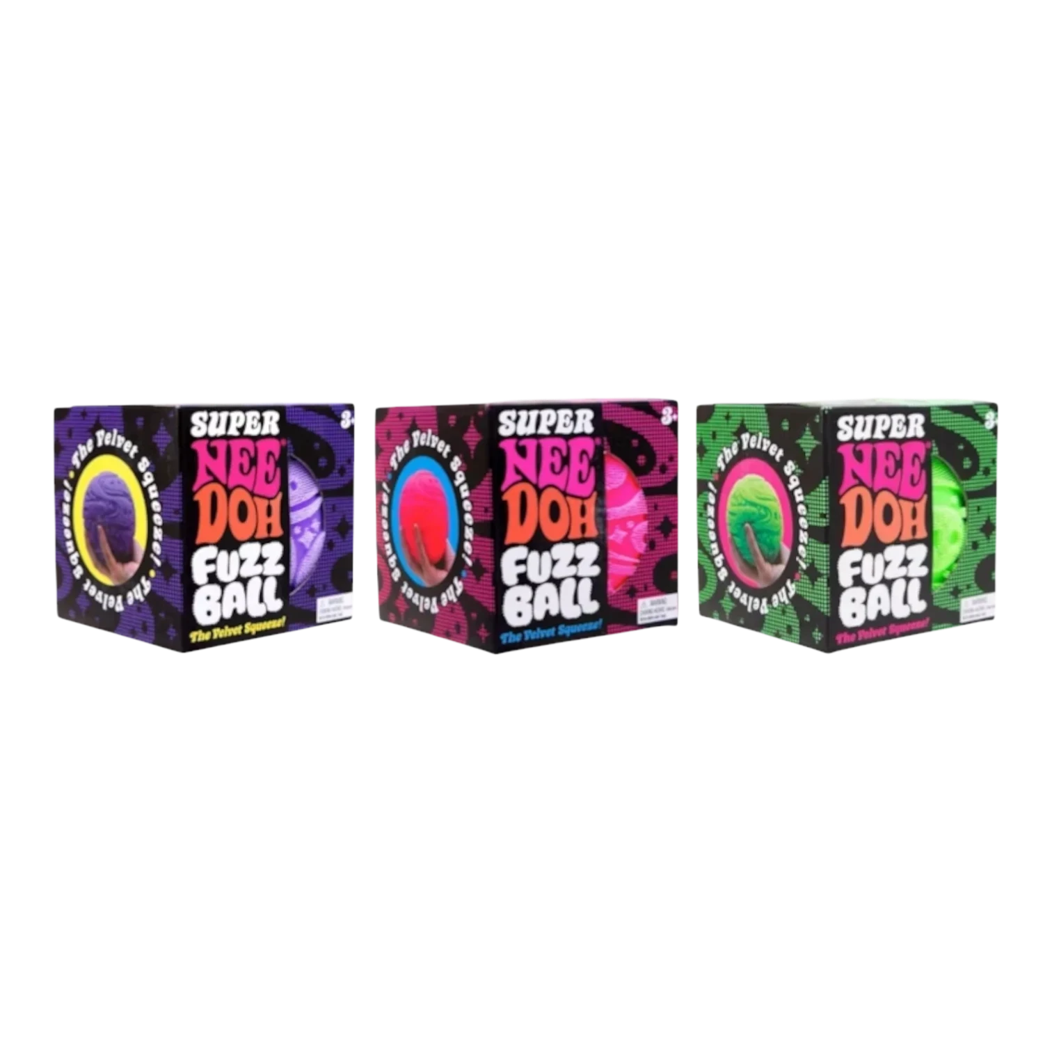 Squish Planet NeeDoh Super Fuzzball fidget toy in purple, pink, and green. Fuzzy exterior and squishy core for stress relief.