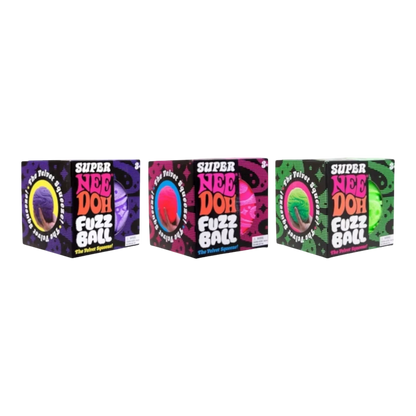 Squish Planet NeeDoh Super Fuzzball fidget toy in purple, pink, and green. Fuzzy exterior and squishy core for stress relief.