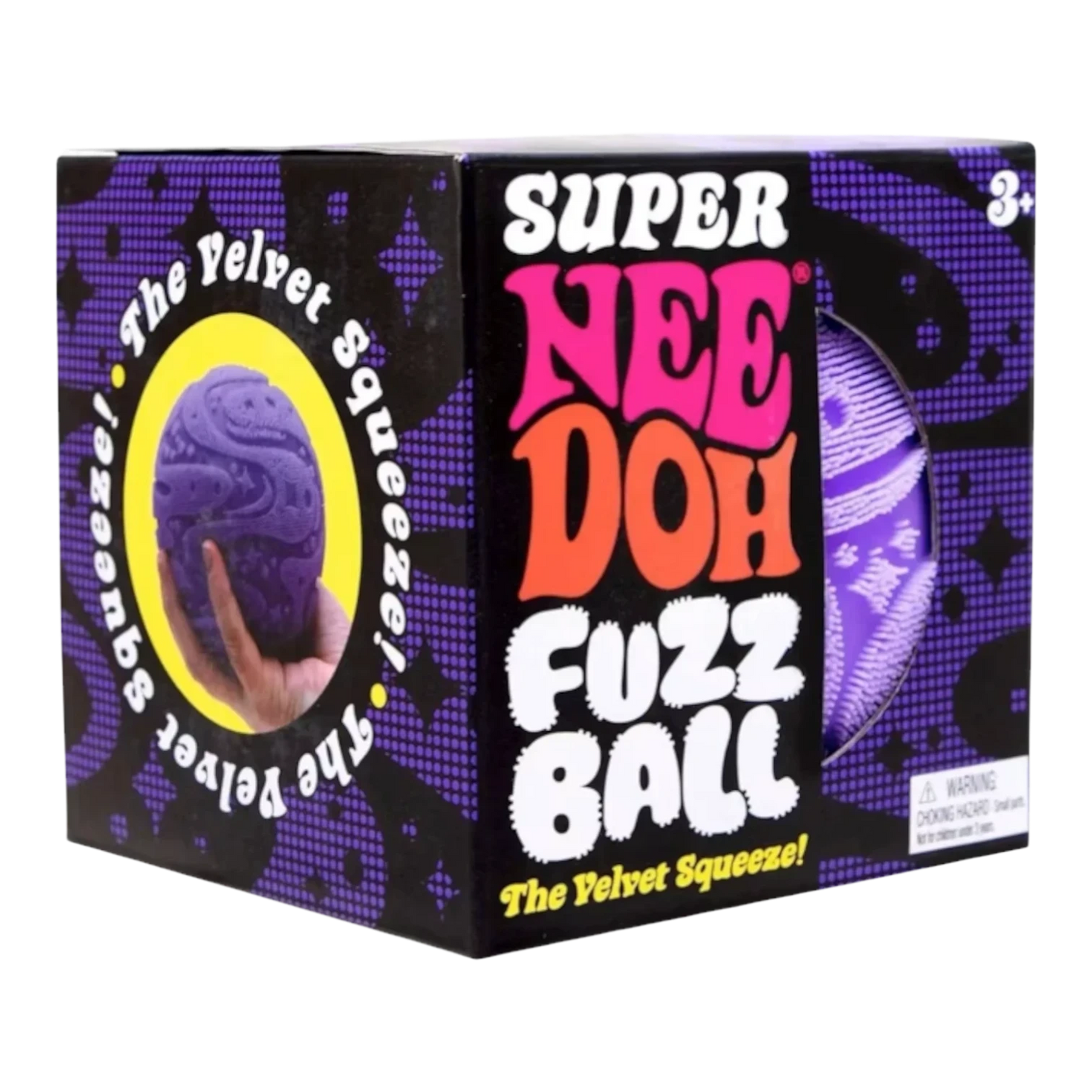 Squish Planet NeeDoh Super Fuzzball purple fuzzy sensory fidget toy with a soft squishy core for stress relief and focus.