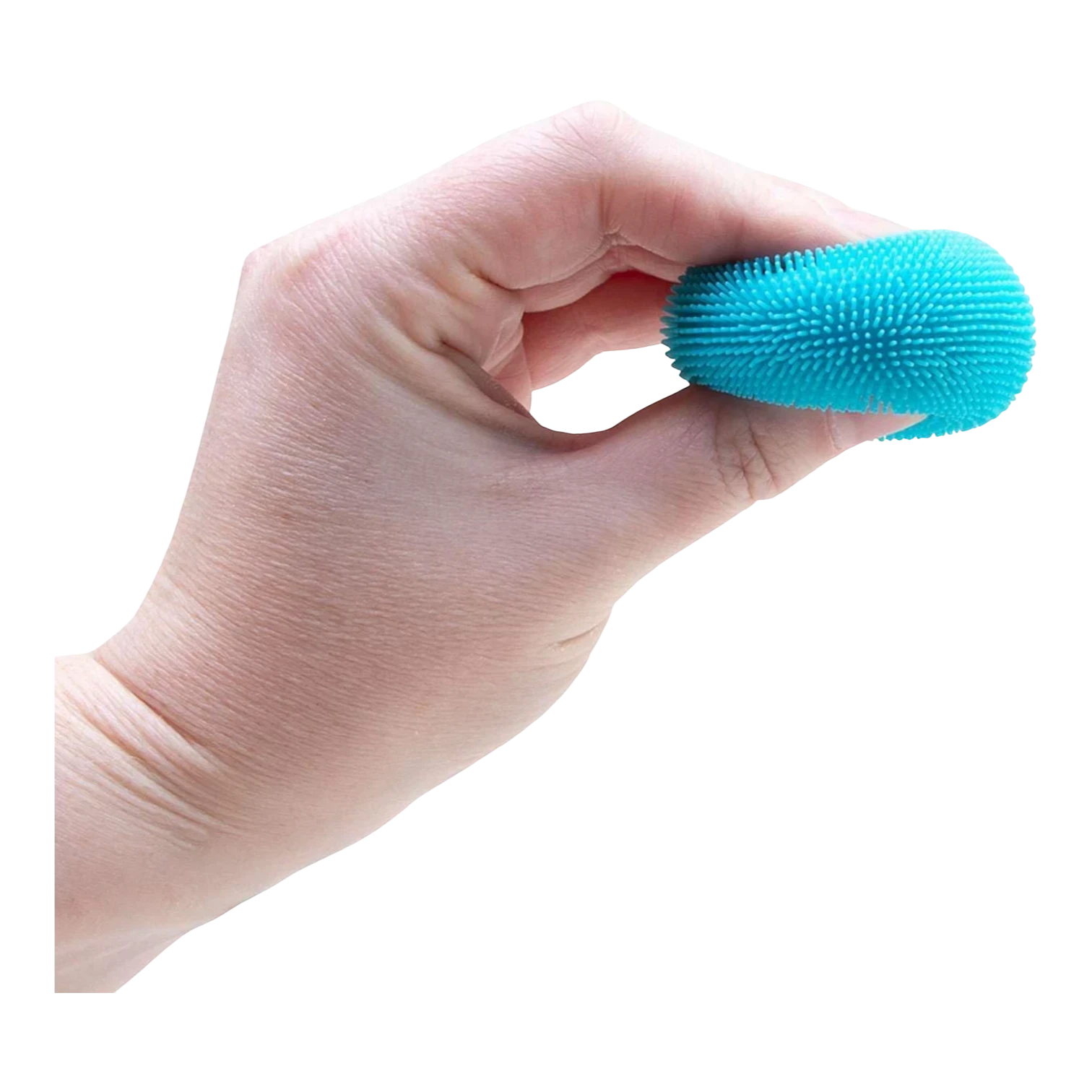 Squish Planet NeeDoh Teenie Fuzz Ball, a small blue textured squishy fidget toy held in a hand.