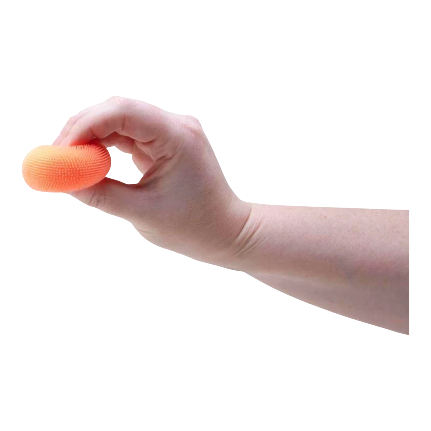 Squish Planet NeeDoh Teenie Fuzz Ball, an orange textured squishy fidget toy held in a hand.