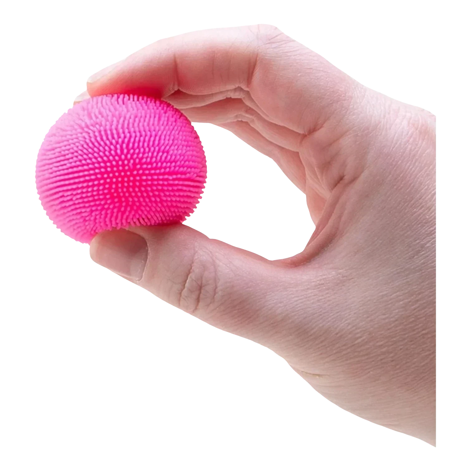 Squish Planet NeeDoh Teenie Fuzz Ball, a small, bright pink, spiky textured squishy fidget toy held in a hand.