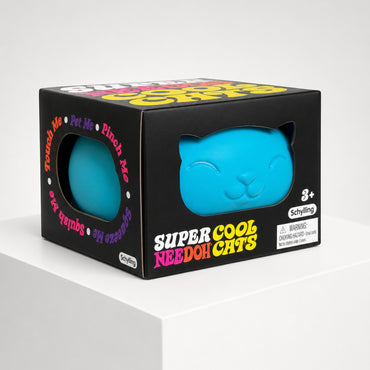 Squish Planet NeeDoh Super Cool Cat blue squishy fidget toy in its black retail display box on a white pedestal.