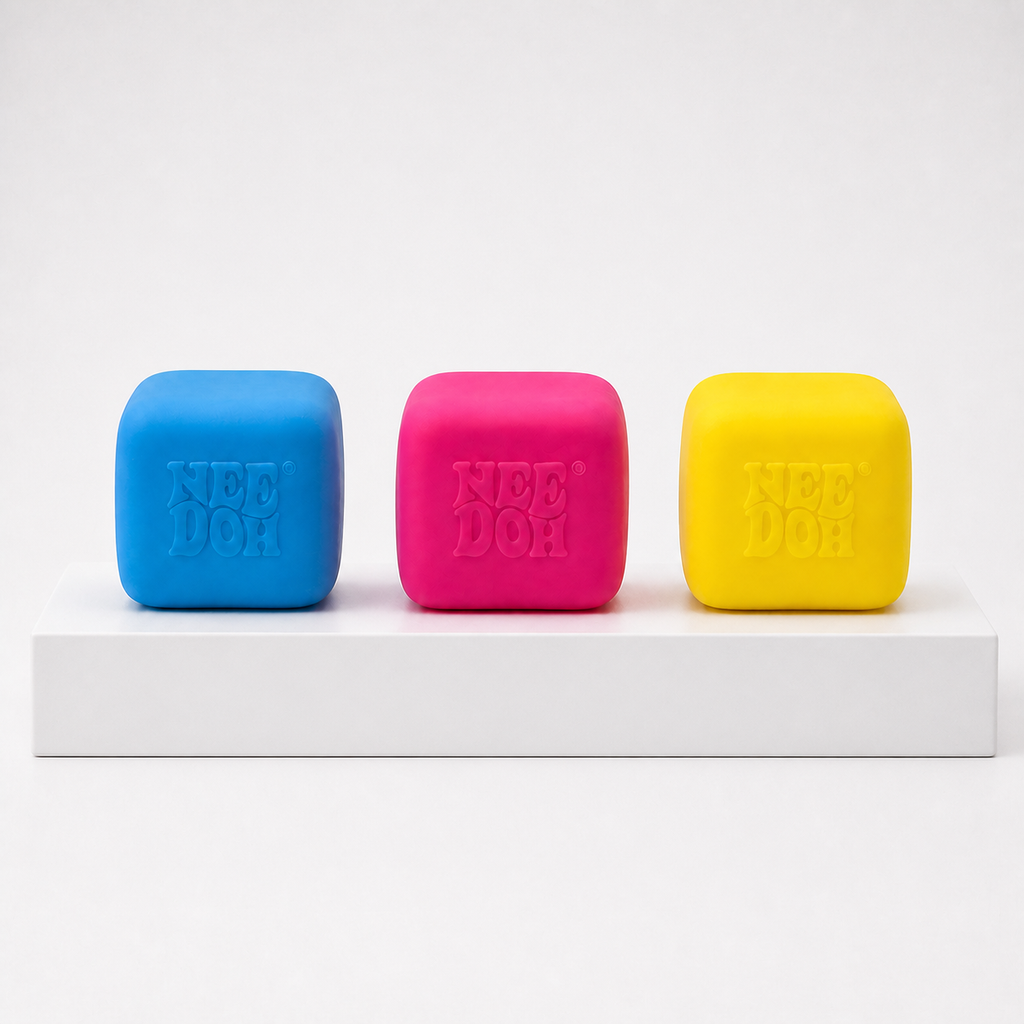 NeeDoh Color Changing Cube squishy toys in Blue, Pink and Yellow