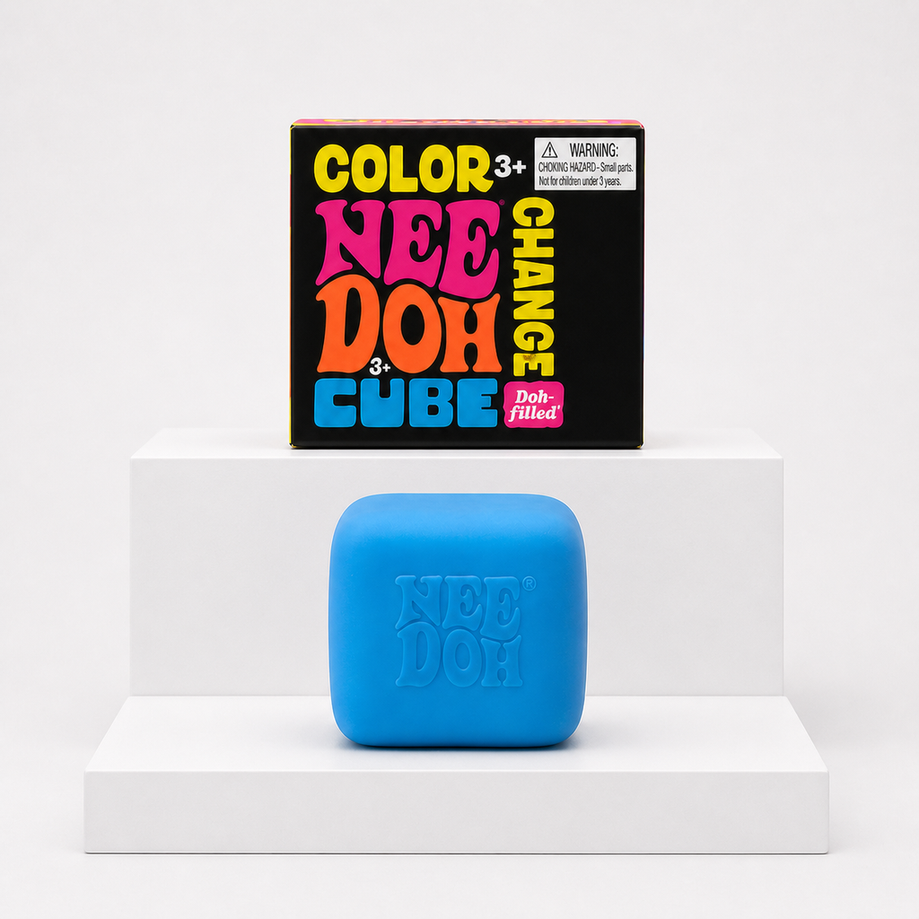 Blue NeeDoh Color Changing Cube squishy toy with retail packaging