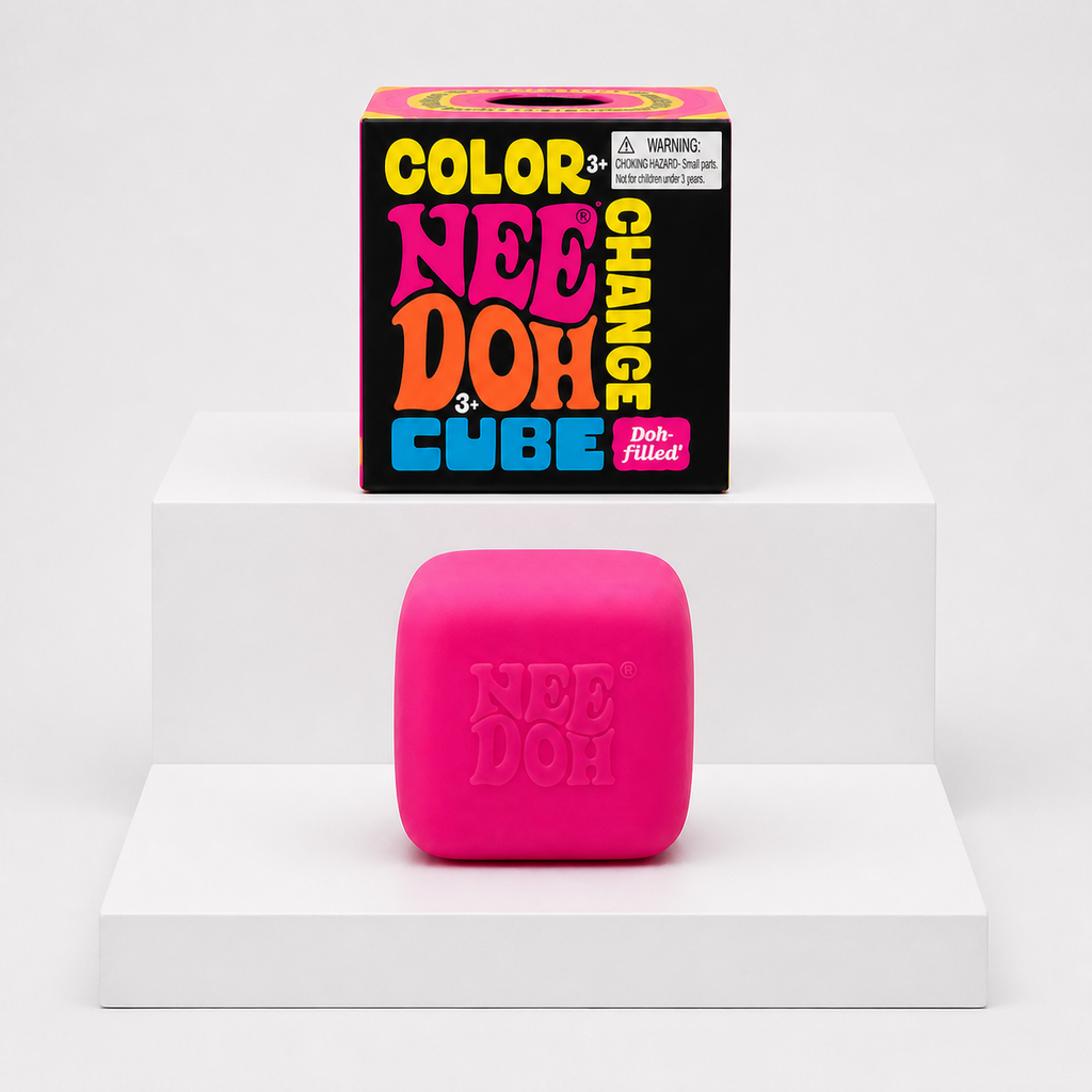 Pink NeeDoh Color Changing Cube squishy toy with retail packaging