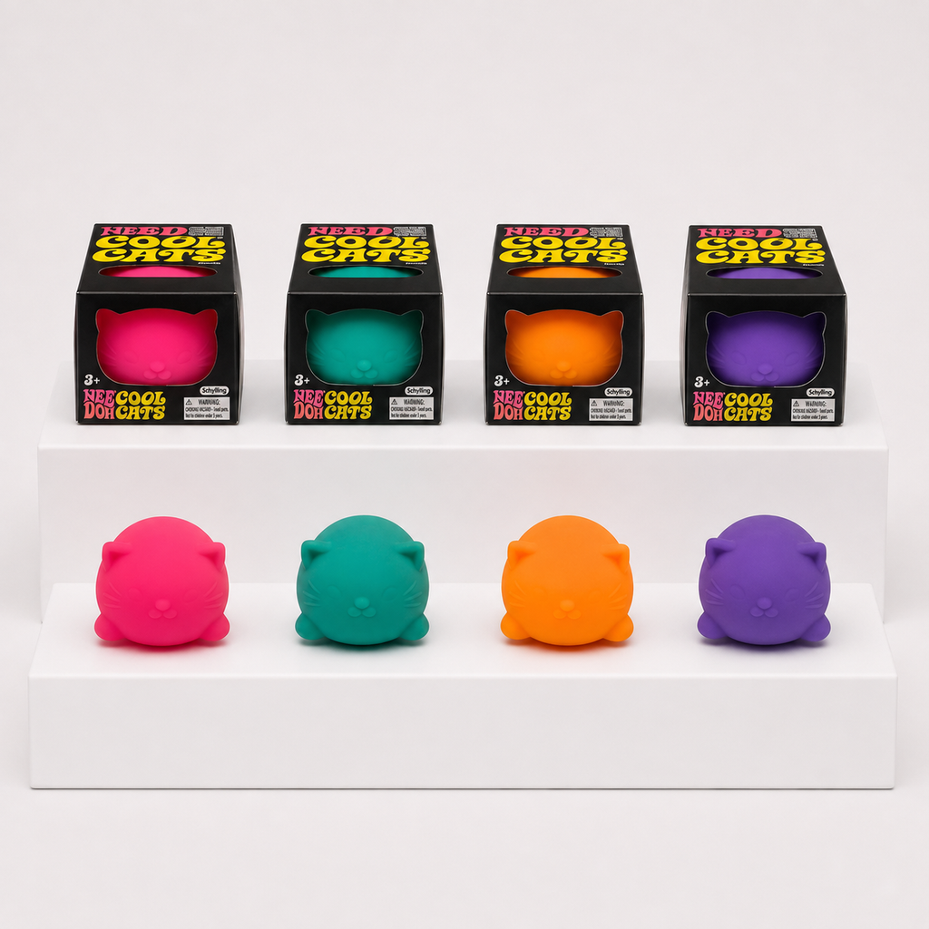 Pink, teal, orange and purple NeeDoh Cool Cat Squishy Fidget Toys with boxes