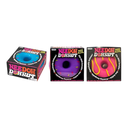 Squish Planet NeeDoh Dohnuts squishy fidget toy in blue, purple, and pink donut shapes with swappable frosting.