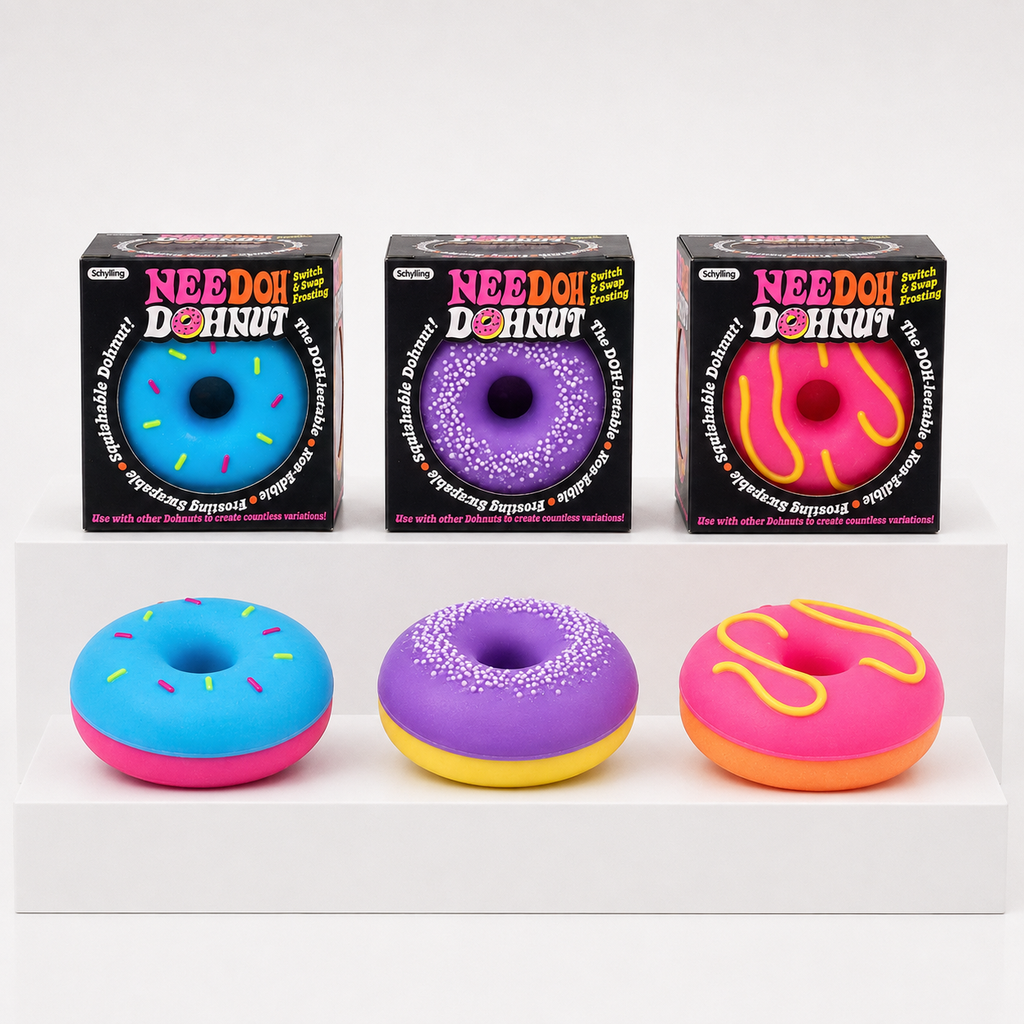 NeeDoh Dohnuts in blue, purple and pink with matching retail boxes