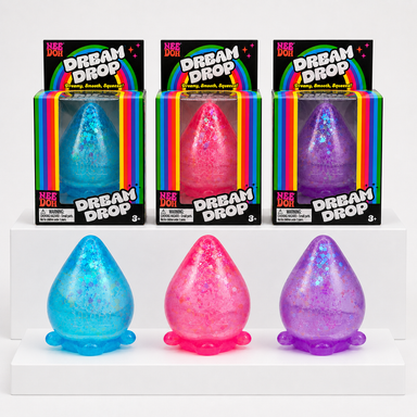 NeeDoh Dream Drop squishy fidget toys in Blue, Pink and Purple with matching elevated retail packaging