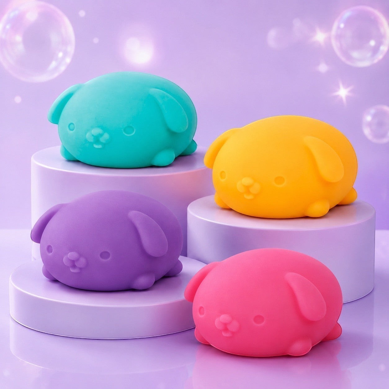 Squish Planet NeeDoh Funky Pup squishy fidget toys in teal, yellow, purple, and pink on display pedestals.