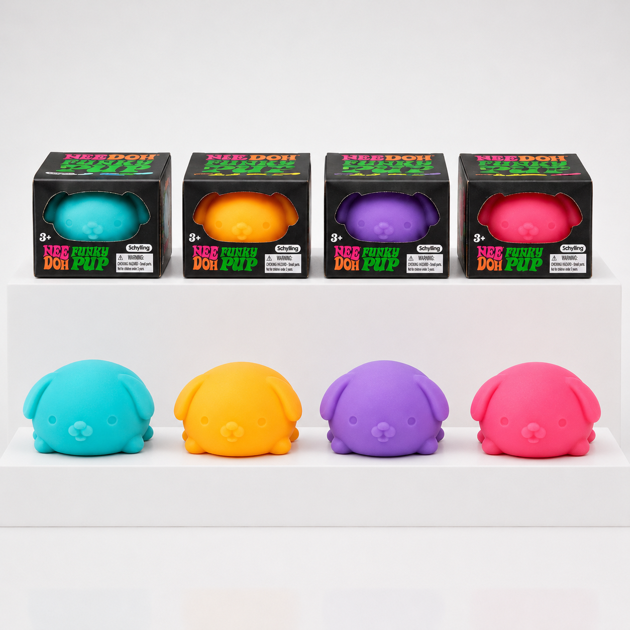 NeeDoh Funky Pup toys in blue, yellow, purple and pink with matching boxes