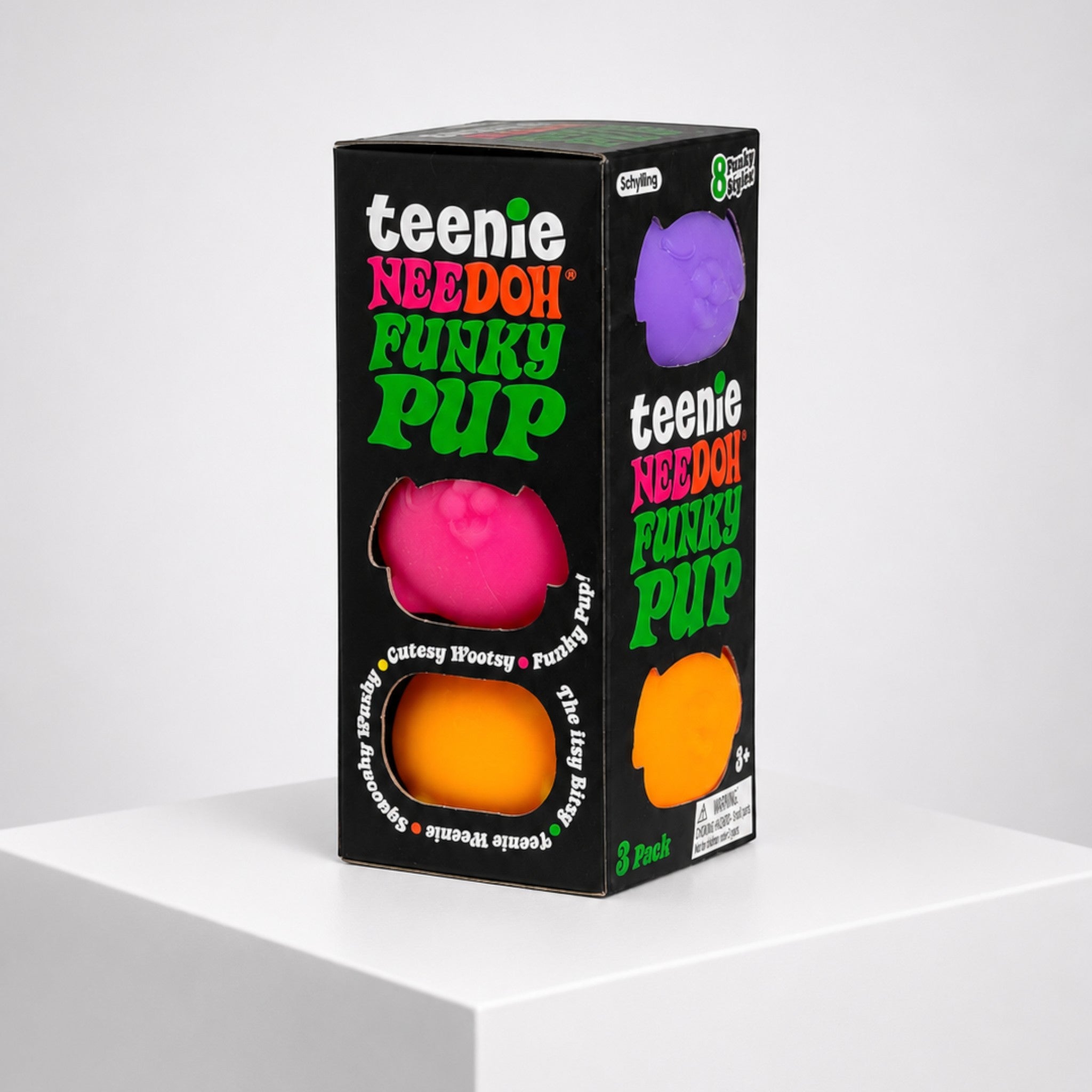 Squish Planet NeeDoh Teenie Funky Pups multi-pack featuring colourful puppy-shaped squishy fidget toys in a display box.