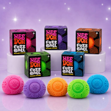 Squish Planet NeeDoh Fuzz Ball Flower Power fidget toys in assorted bright colours with smiley face textures