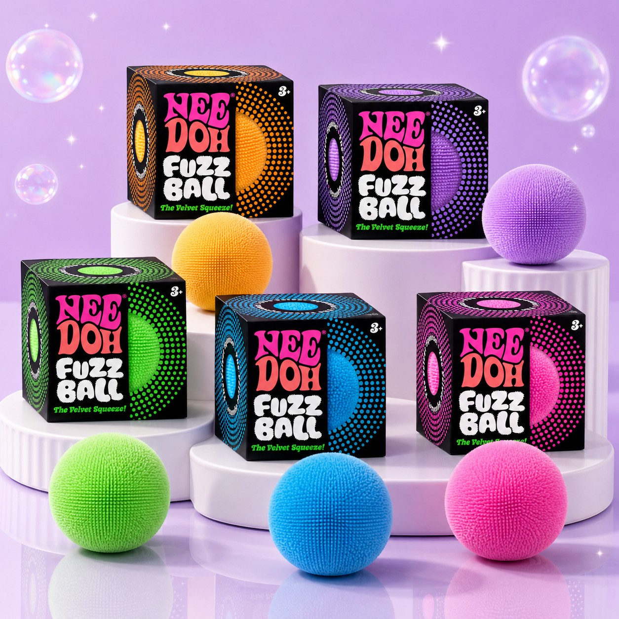 Squish Planet NeeDoh Fuzz Ball Velvet Squeeze Squishy Fidget Toy product image showing the NeeDoh squishy fidget toy for online shopping.