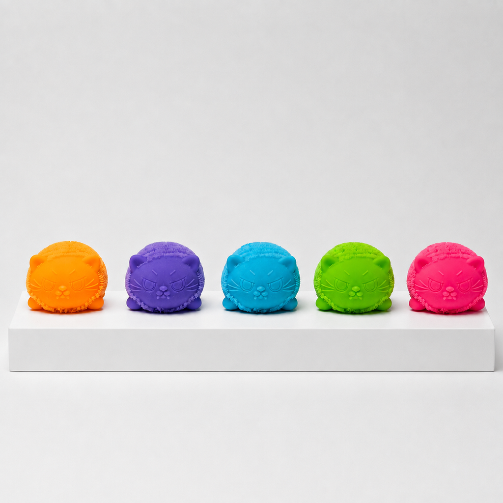 Five NeeDoh Fuzz Ball Wild Cats in orange, purple, blue, green and pink, product-only front view