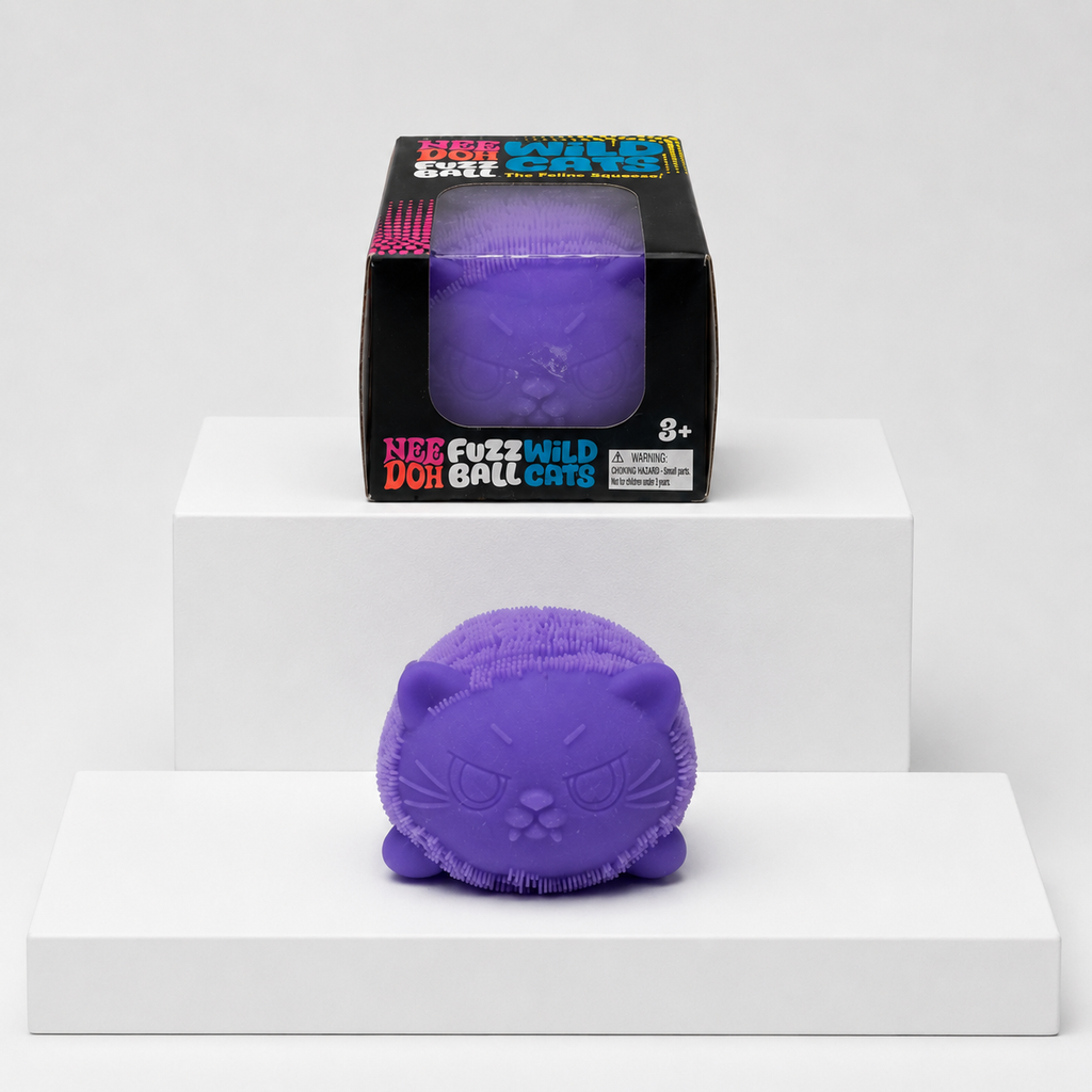 Purple NeeDoh Fuzz Ball Wild Cats squishy with matching retail package, front view