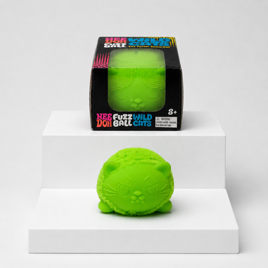 Green NeeDoh Fuzz Ball Wild Cats squishy with matching retail package, front view
