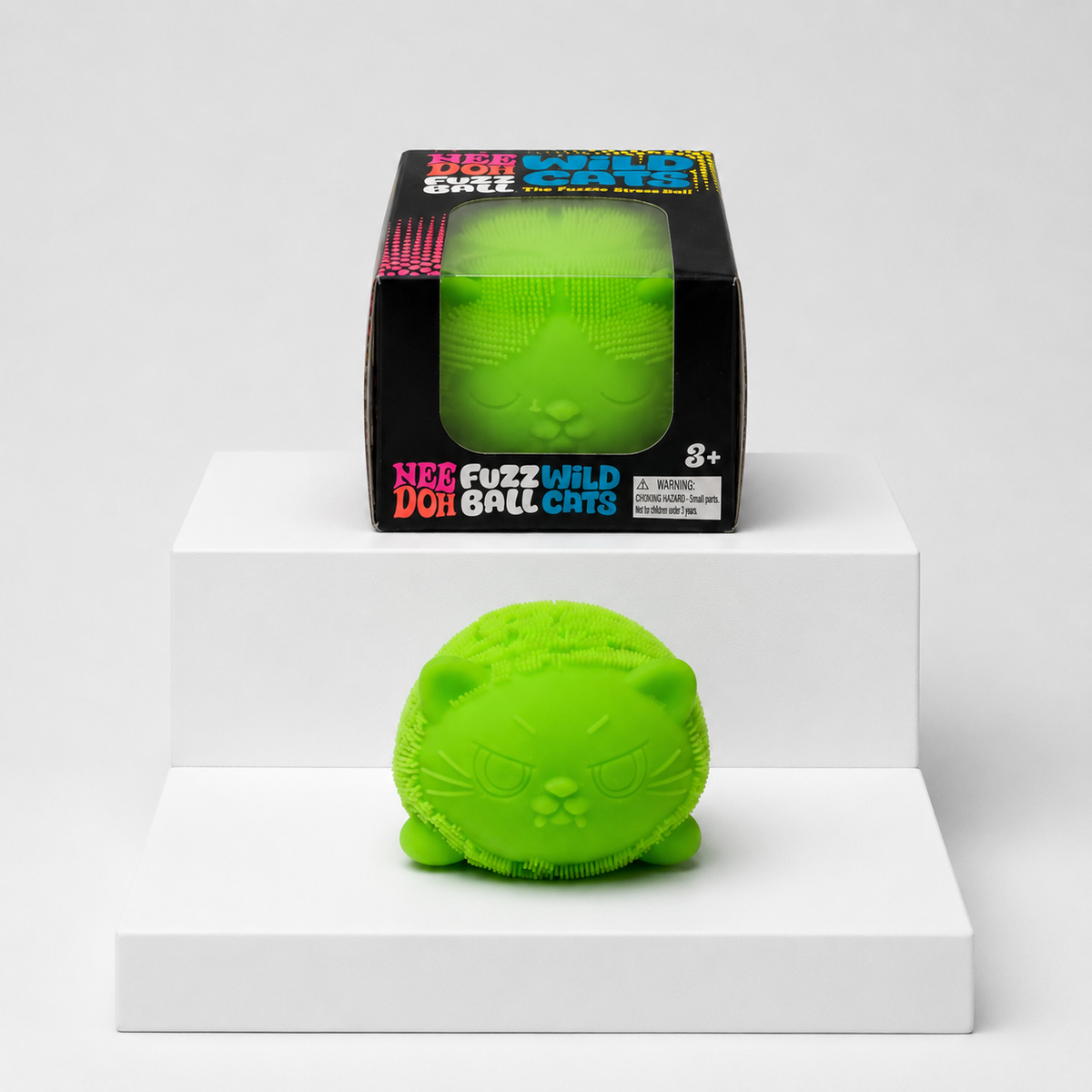 Green NeeDoh Fuzz Ball Wild Cats squishy with matching retail package, front view