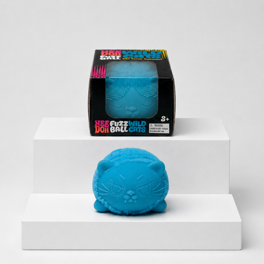 Blue NeeDoh Fuzz Ball Wild Cats squishy with matching retail package, front view