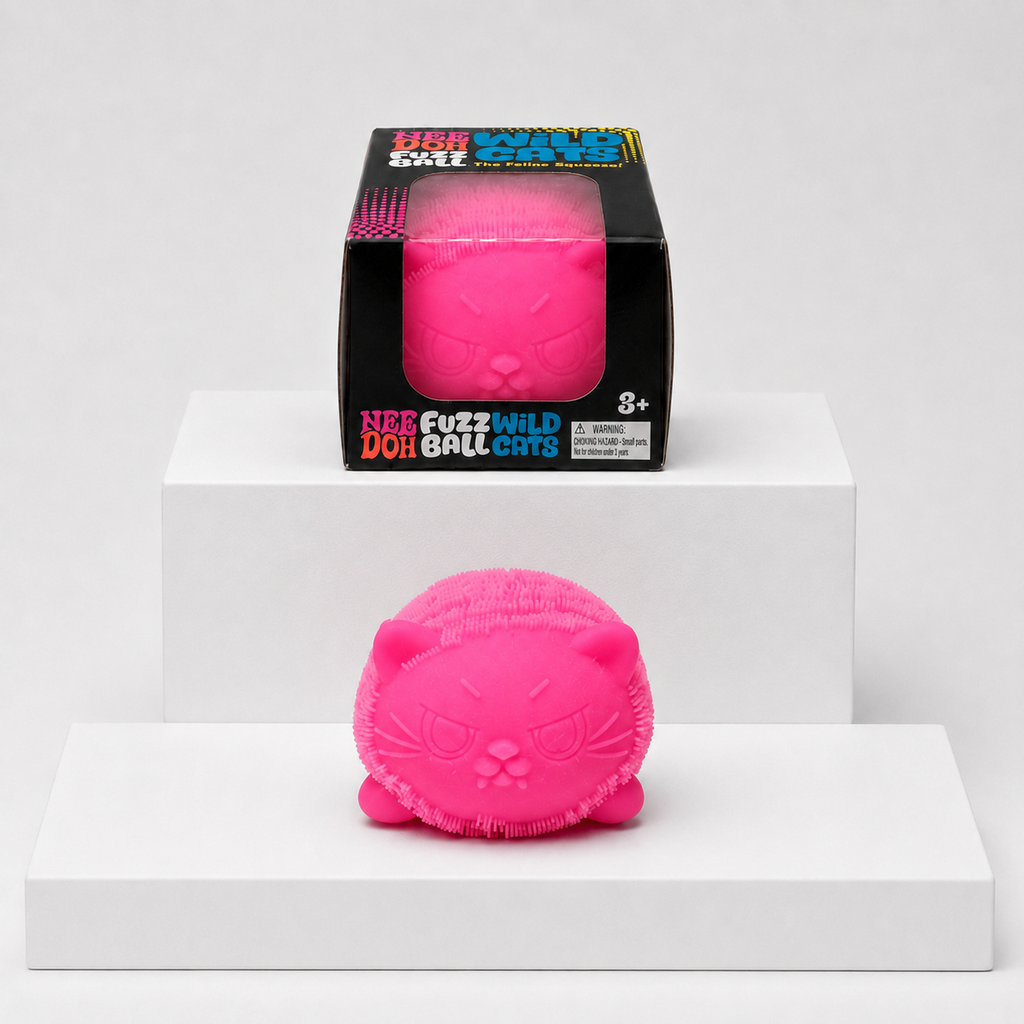 Pink NeeDoh Fuzz Ball Wild Cats squishy with matching retail package, front view