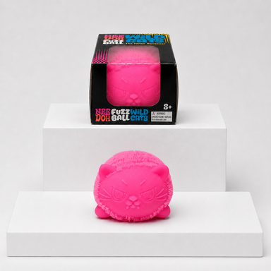 Pink NeeDoh Fuzz Ball Wild Cats squishy with matching retail package, front view