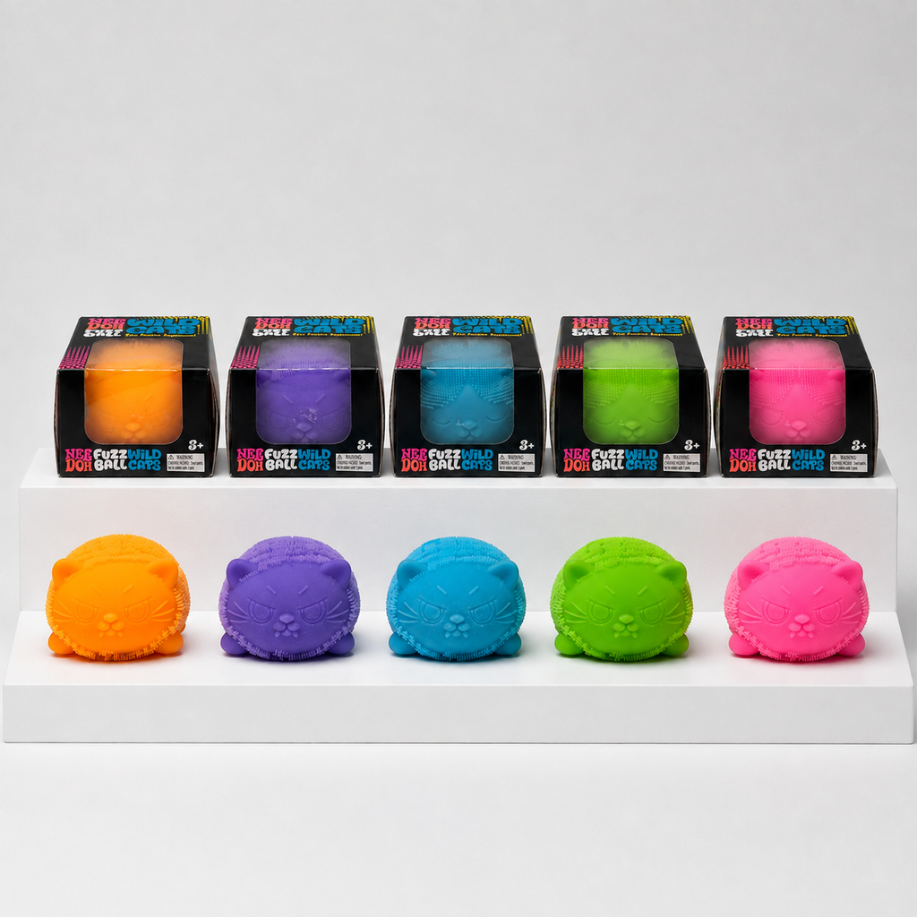 Five NeeDoh Fuzz Ball Wild Cats in orange, purple, blue, green and pink with matching retail packages