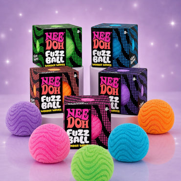 Squish Planet NeeDoh Fuzz Ball Wonder Waves collection featuring colourful textured squishy fidget balls and boxes.