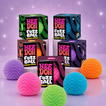 Squish Planet NeeDoh Fuzz Ball Wonder Waves collection featuring colourful textured squishy fidget balls and boxes.