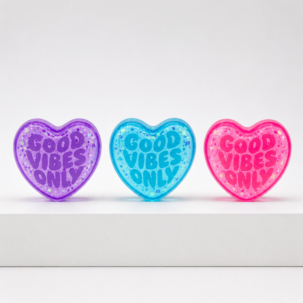 Purple, Blue, and Pink NeeDoh Good Vibes Only glitter heart squishy fidget toys.