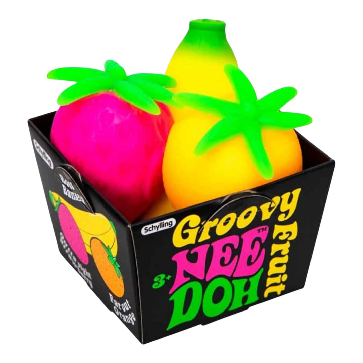 Squish Planet NeeDoh Groovy Fruit multicolor squishy sensory fidget toys in a display box for stress relief.