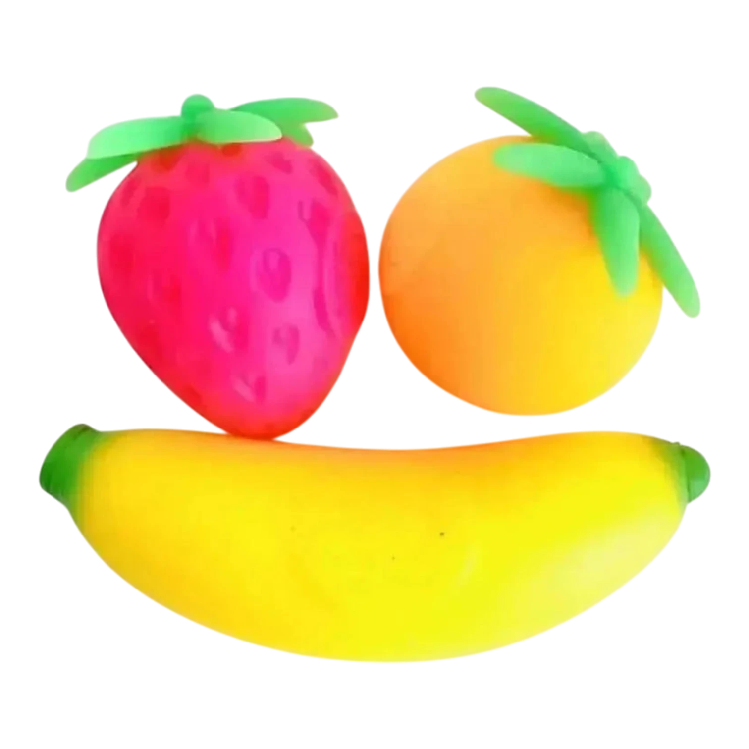 Squish Planet NeeDoh Groovy Fruit multicolor squishy fidget toys shaped like a strawberry, orange, and banana.
