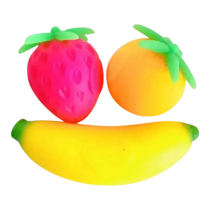 Squish Planet NeeDoh Groovy Fruit multicolor squishy fidget toys shaped like a strawberry, orange, and banana.