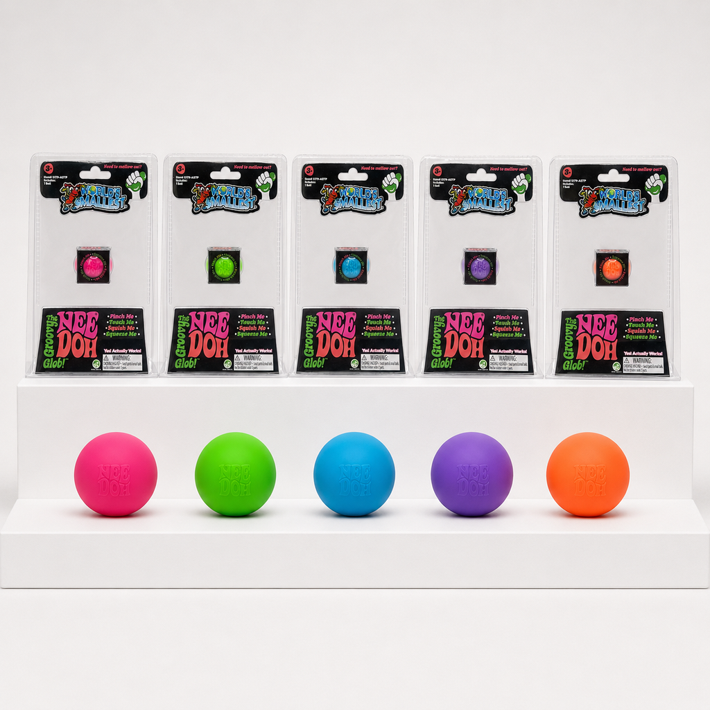 Five NeeDoh Groovy Glob Worlds Smallest toys with matching packages