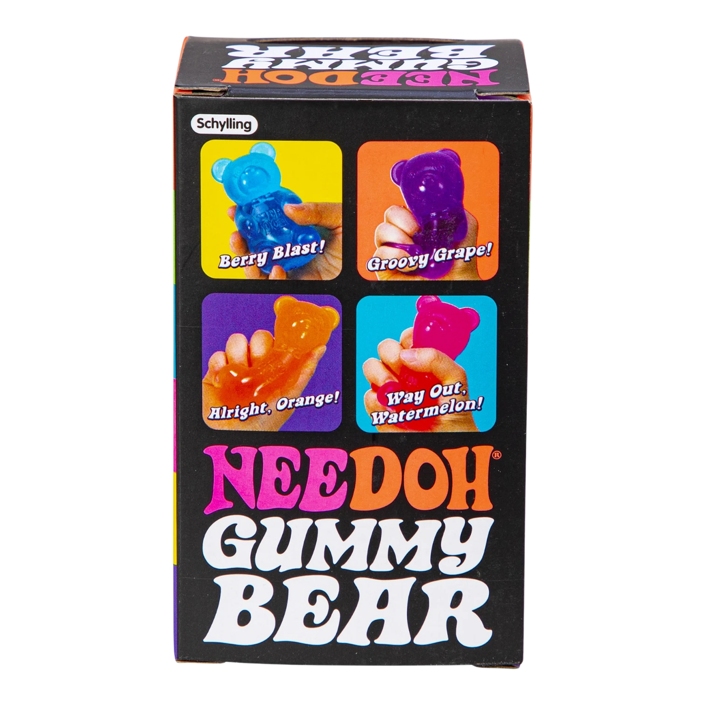 Squish Planet NeeDoh Gummy Bear fidget toy in blue, purple, orange, and pink. Soft, squishy, stress-relief toy.