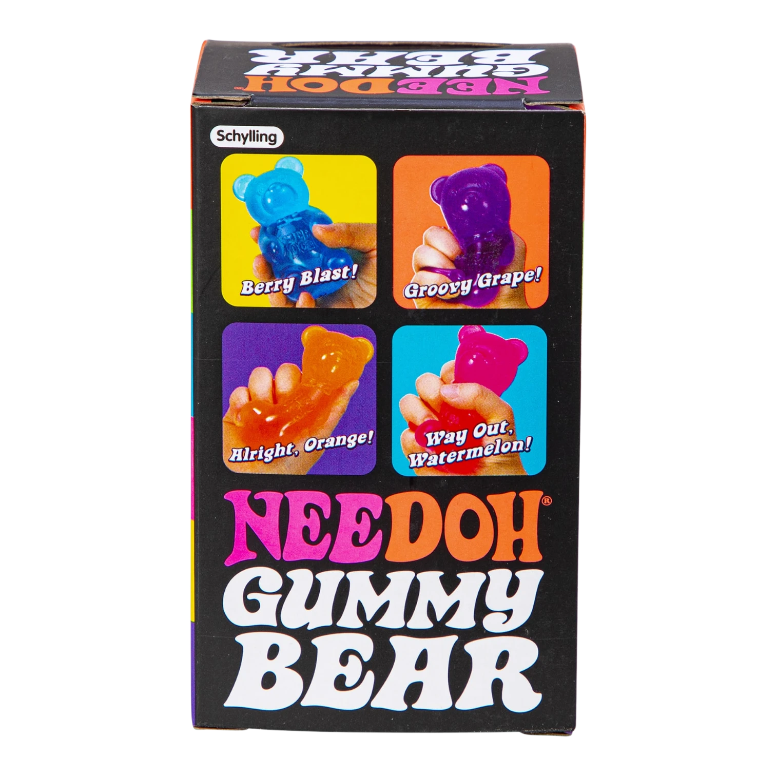 Squish Planet NeeDoh Gummy Bear fidget toy in blue, purple, orange, and pink. Soft, squishy, stress-relief toy.