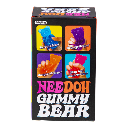 Squish Planet NeeDoh Gummy Bear fidget toy in blue, purple, orange, and pink. Soft, squishy, stress-relief toy.