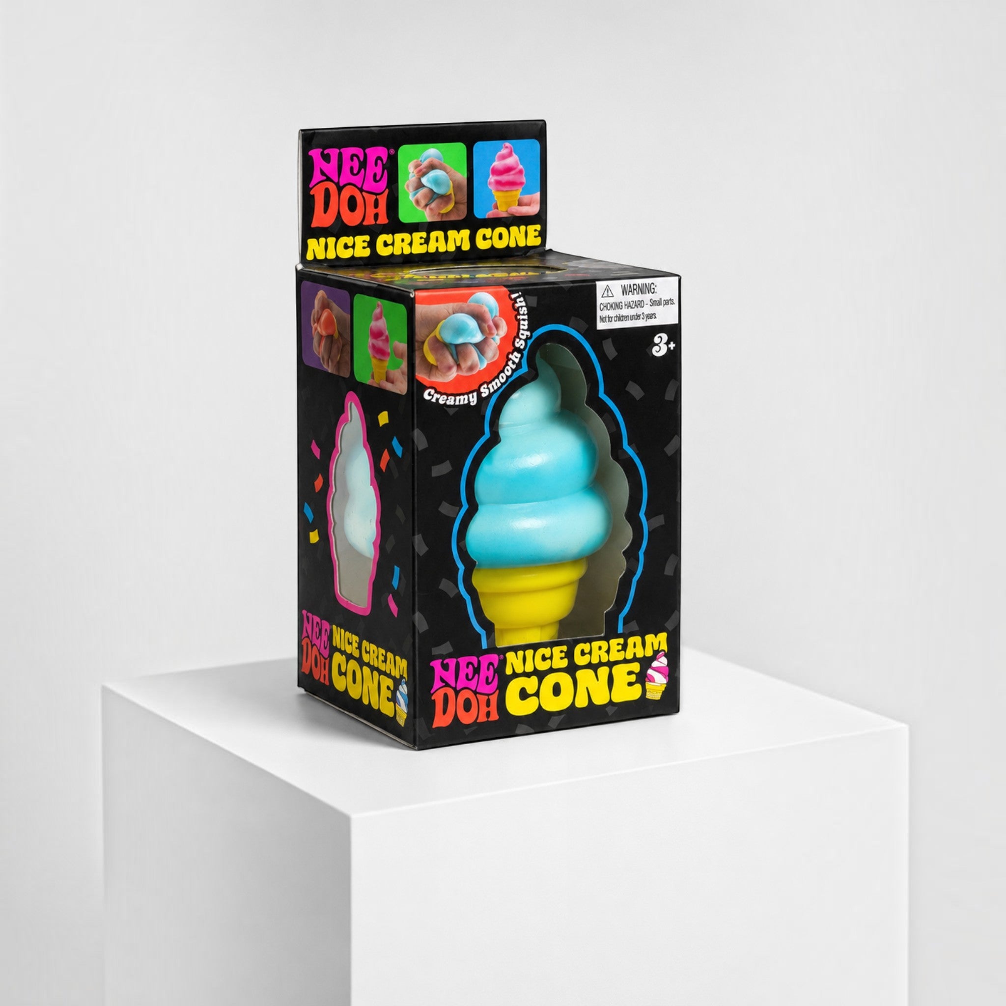 Squish Planet NeeDoh Nice Cream ice cream cone squishy fidget toy in blue and yellow inside its retail packaging box.