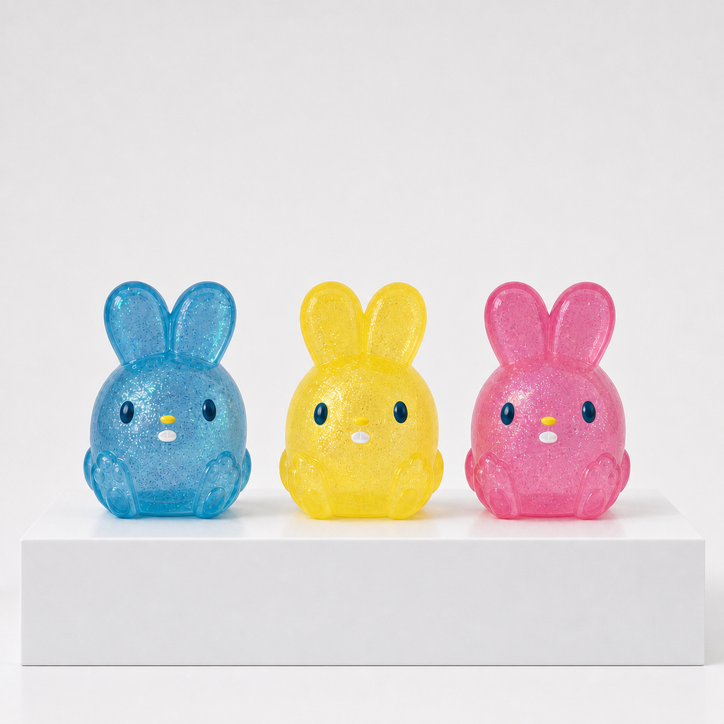 NeeDoh Jelly Hops translucent glitter bunnies in blue yellow and pink