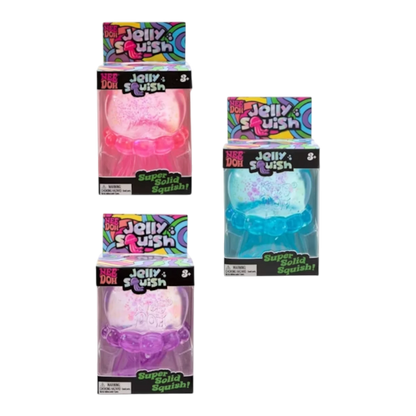 Squish Planet NeeDoh JellySquish fidget toy in pink, blue, and purple. Soft, squishy, jelly-like texture for stress relief.