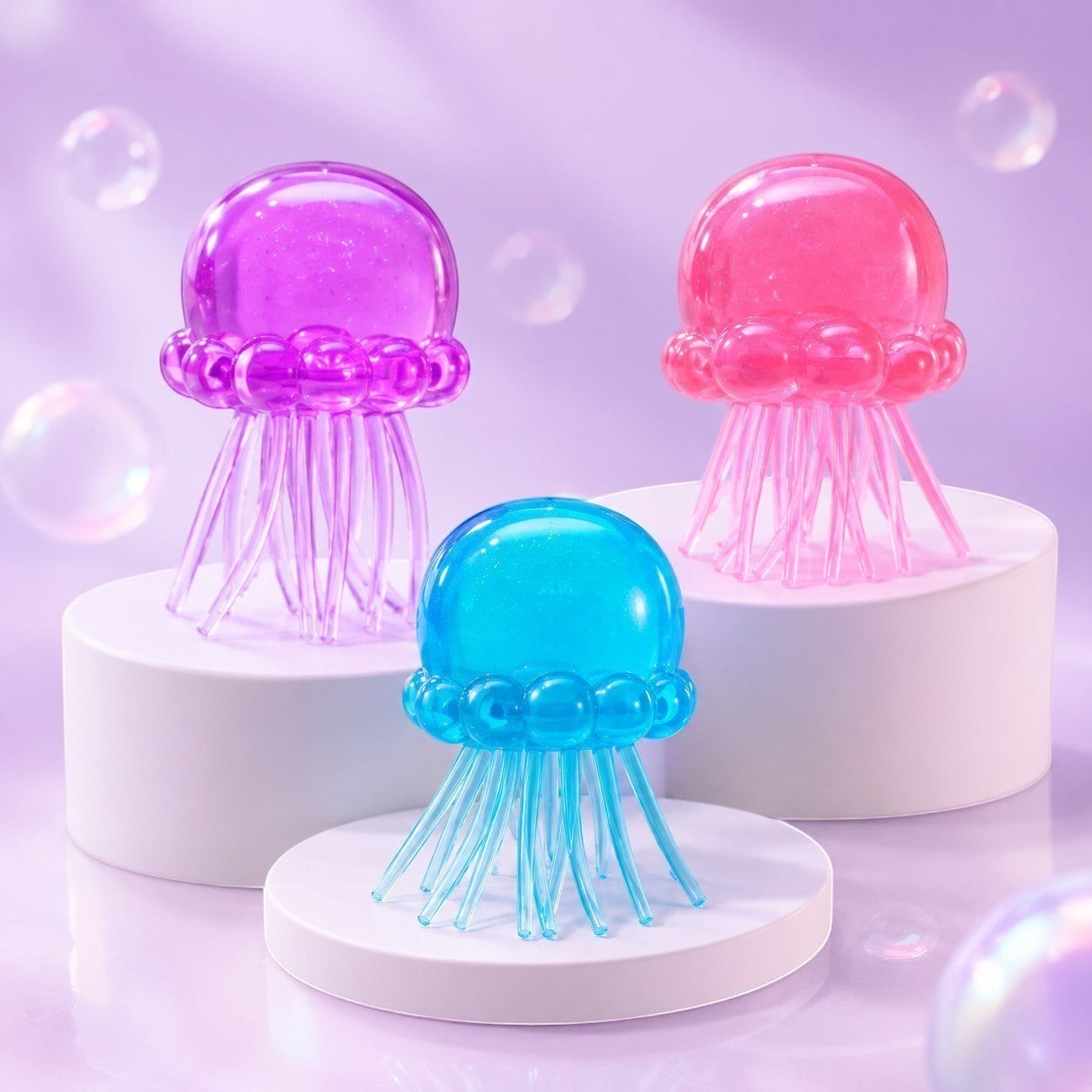 Squish Planet NeeDoh JellySquish fidget toys in purple, pink, and blue with glossy jelly bodies and stretchy tentacles.