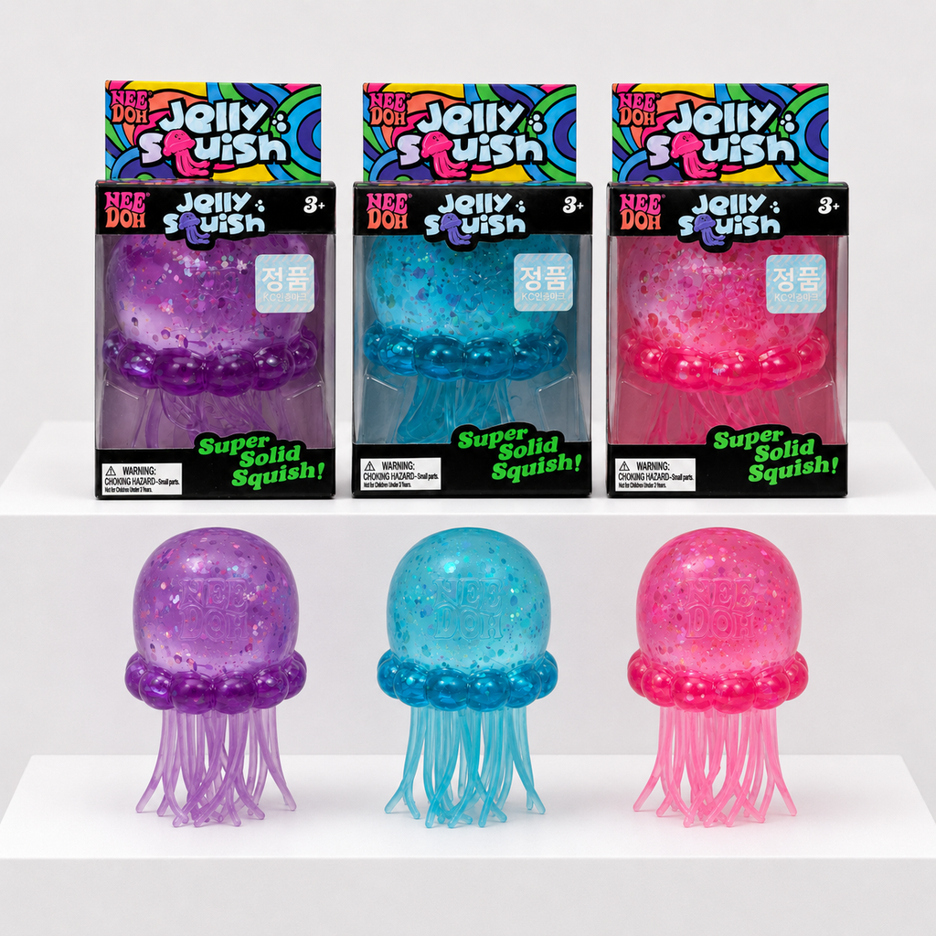 Purple, blue and pink NeeDoh JellySquish toys with matching packages