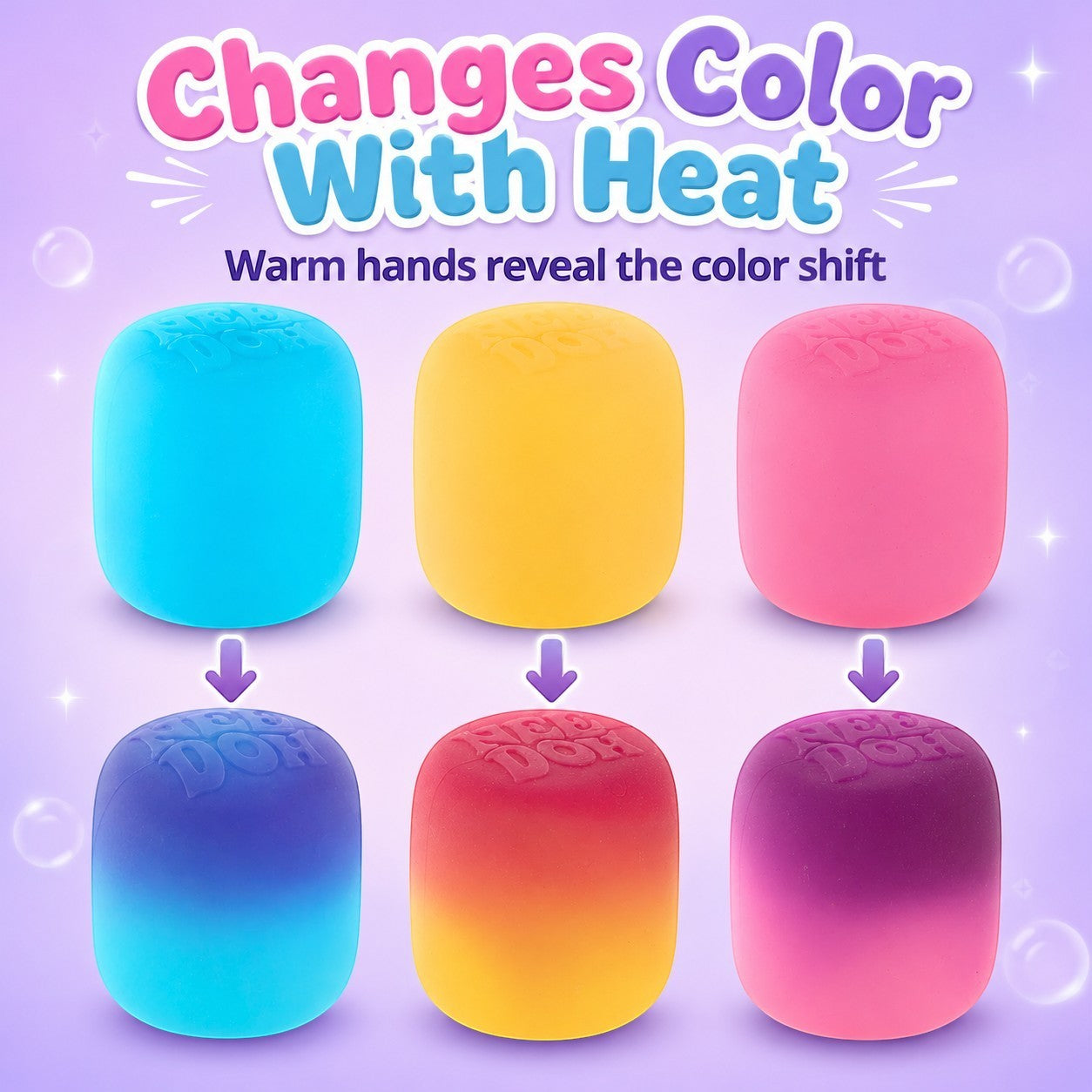 Squish Planet NeeDoh Mello Mallo squishy fidget toys showing color-changing transformation from heat